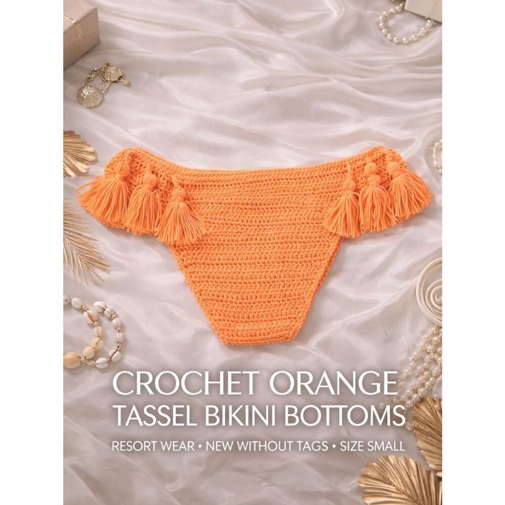 POL Crochet Bikini Bottoms Orange Tassel Trim Size S Resort Boho NEW